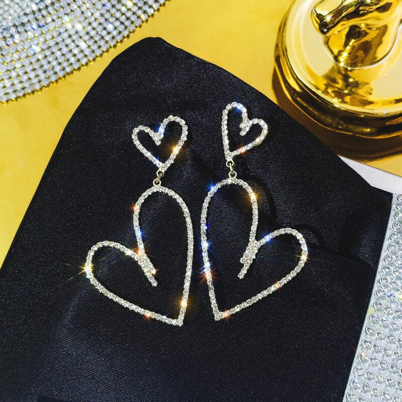Full Rhinestone Heart Drop Earrings