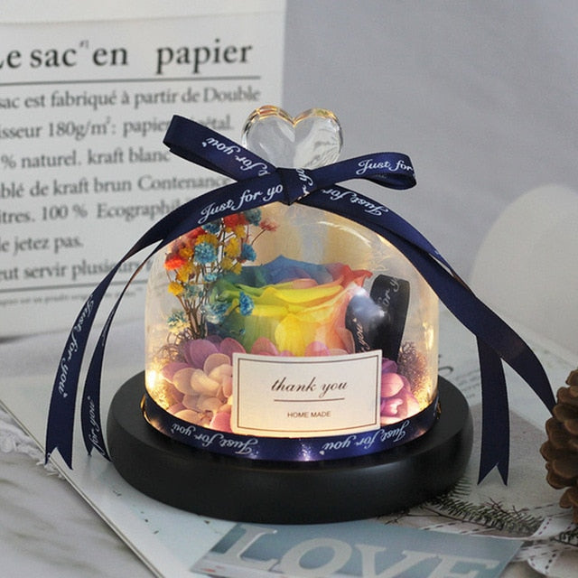 Rainbow Glass Dome Rose LED Beauty Beast Preserved Rose