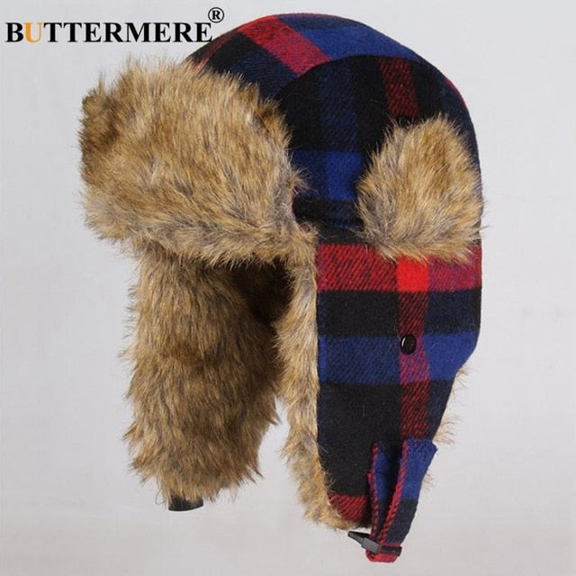 Fur Red Warm Plaid Earflap Winter Hat