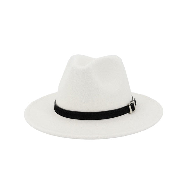 Men Women Wide Brim Wool Felt Fedora Panama Hat Belt Buckle Party Formal Top