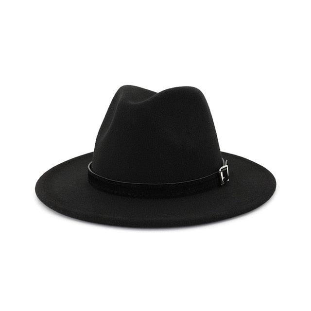 Men Women Wide Brim Wool Felt Fedora Panama Hat Belt Buckle Party Formal Top