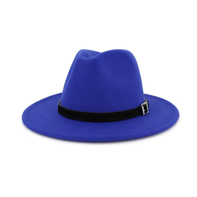 Men Women Wide Brim Wool Felt Fedora Panama Hat Belt Buckle Party Formal Top