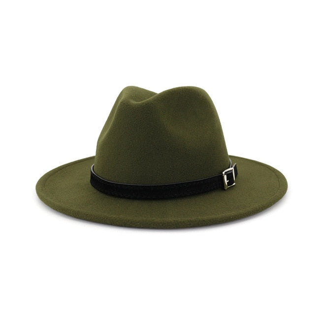 Men Women Wide Brim Wool Felt Fedora Panama Hat Belt Buckle Party Formal Top