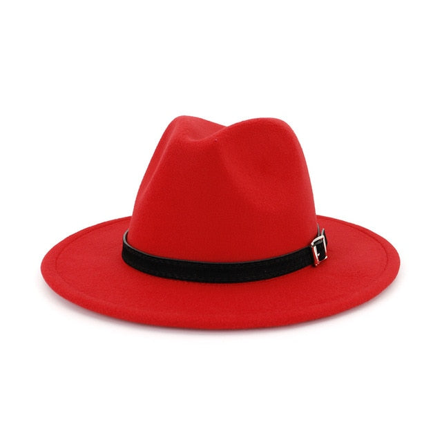 Men Women Wide Brim Wool Felt Fedora Panama Hat Belt Buckle Party Formal Top