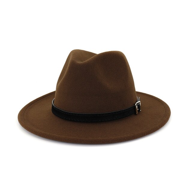 Men Women Wide Brim Wool Felt Fedora Panama Hat Belt Buckle Party Formal Top