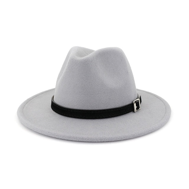 Men Women Wide Brim Wool Felt Fedora Panama Hat Belt Buckle Party Formal Top
