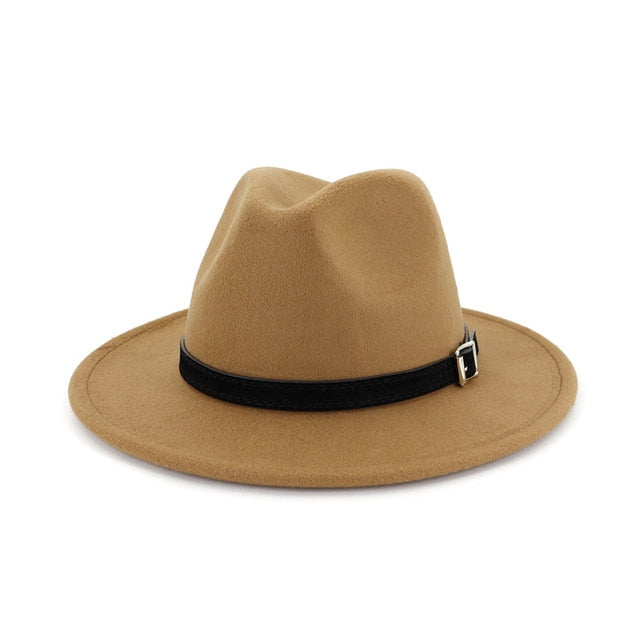 Men Women Wide Brim Wool Felt Fedora Panama Hat Belt Buckle Party Formal Top