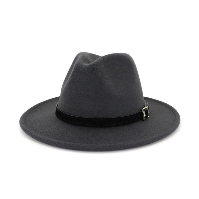 Men Women Wide Brim Wool Felt Fedora Panama Hat Belt Buckle Party Formal Top