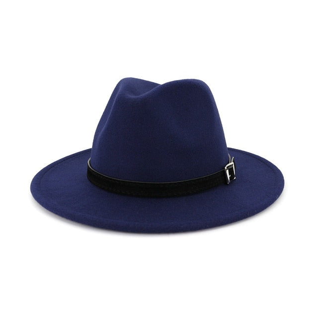 Men Women Wide Brim Wool Felt Fedora Panama Hat Belt Buckle Party Formal Top