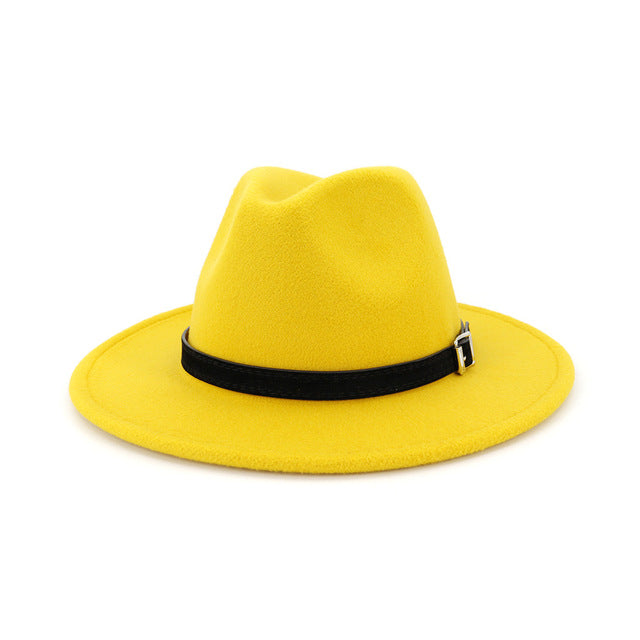 Men Women Wide Brim Wool Felt Fedora Panama Hat Belt Buckle Party Formal Top