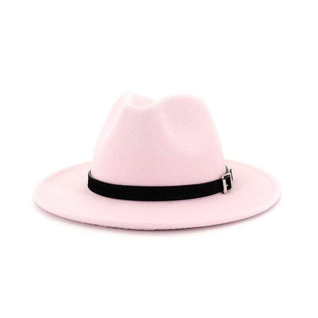 Men Women Wide Brim Wool Felt Fedora Panama Hat Belt Buckle Party Formal Top