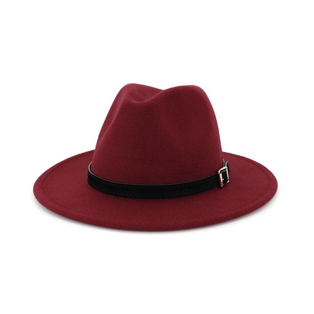 Men Women Wide Brim Wool Felt Fedora Panama Hat Belt Buckle Party Formal Top
