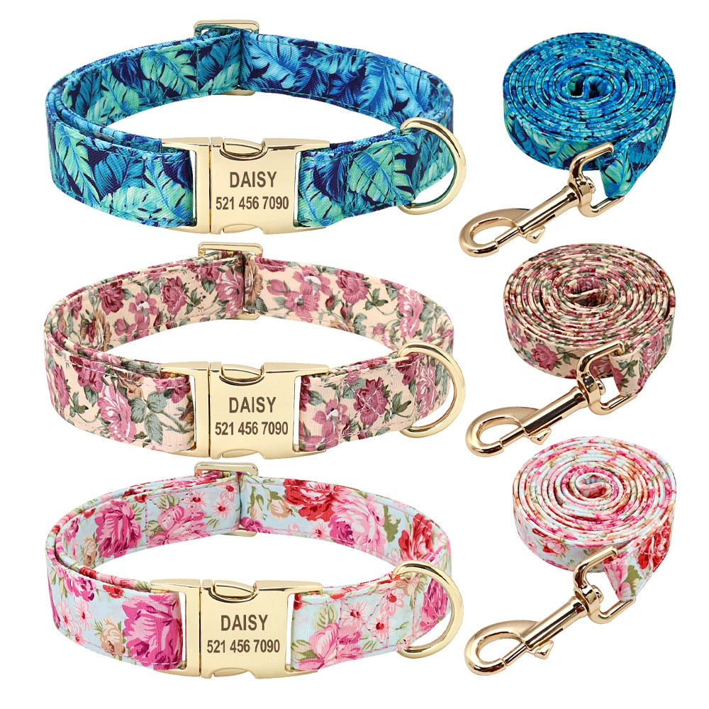 Personalized Dog Collar Leash Floral Pet Customized ID Tag