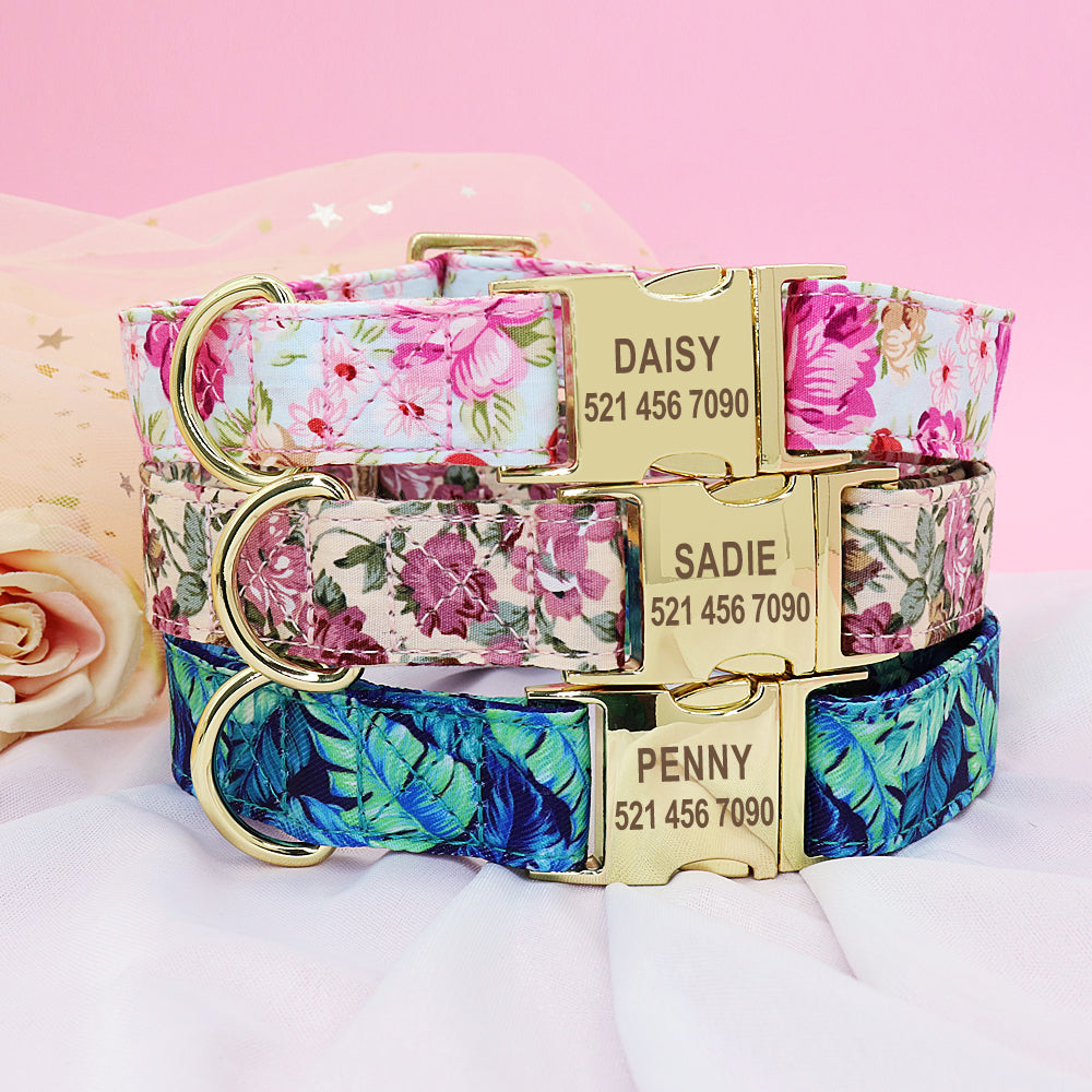 Personalized Dog Collar Leash Floral Pet Customized ID Tag
