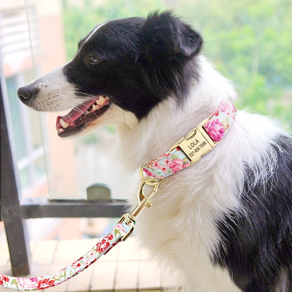 Personalized Dog Collar Leash Floral Pet Customized ID Tag