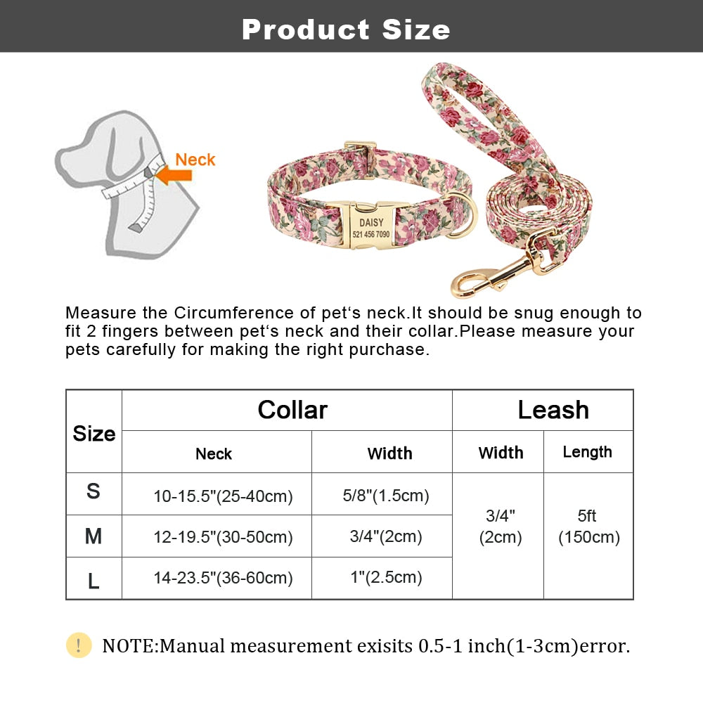 Personalized Dog Collar Leash Floral Pet Customized ID Tag