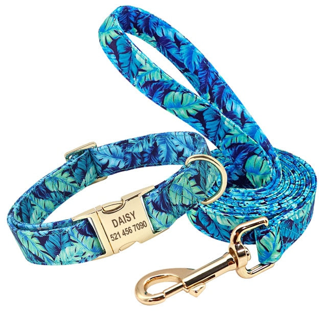 Personalized Dog Collar Leash Floral Pet Customized ID Tag