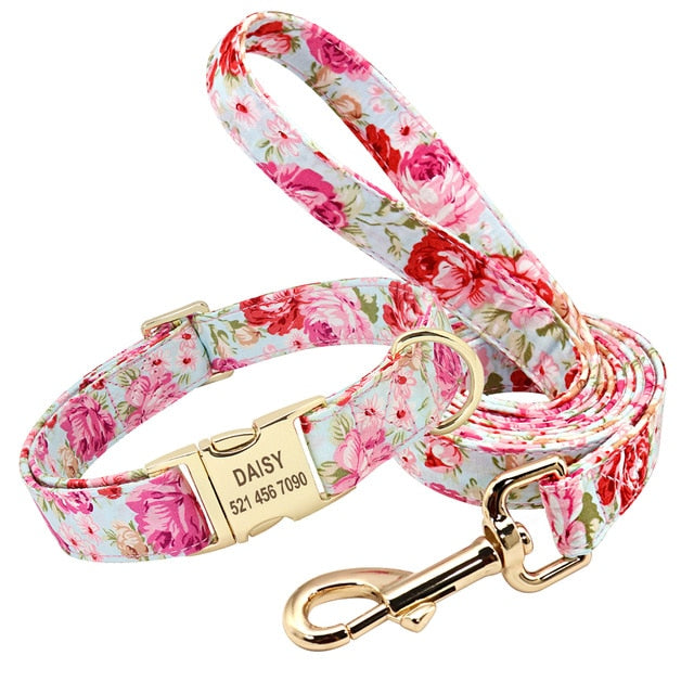 Personalized Dog Collar Leash Floral Pet Customized ID Tag