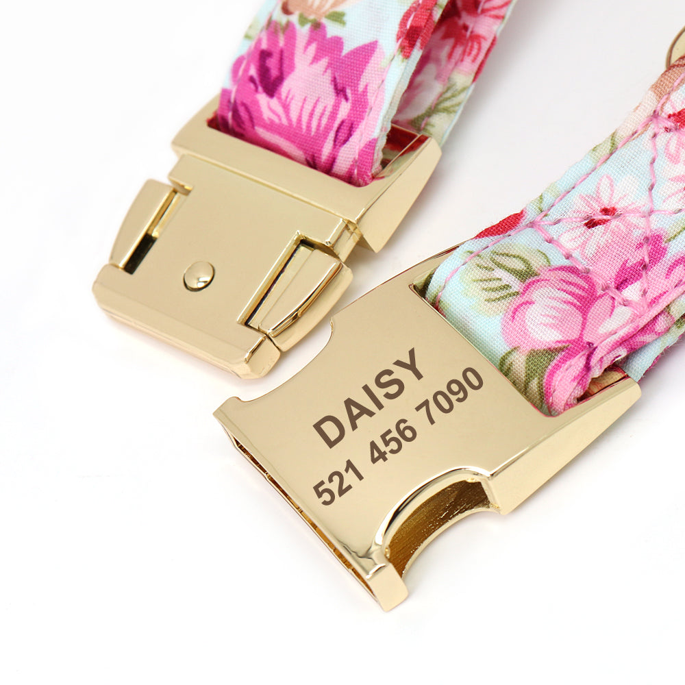 Personalized Dog Collar Leash Floral Pet Customized ID Tag
