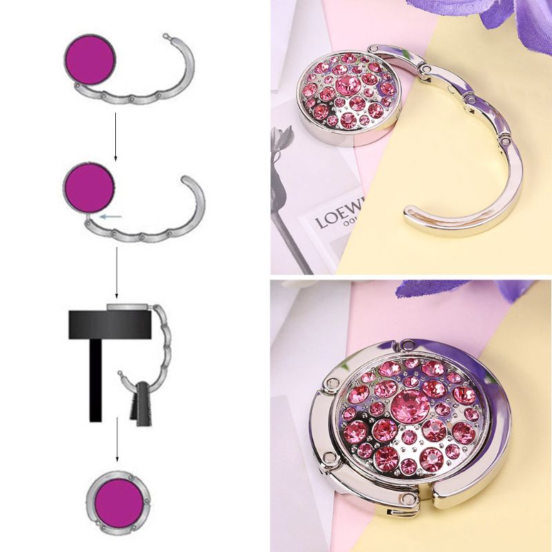 Round Rhinestone Foldable Purse Bag Table Hook