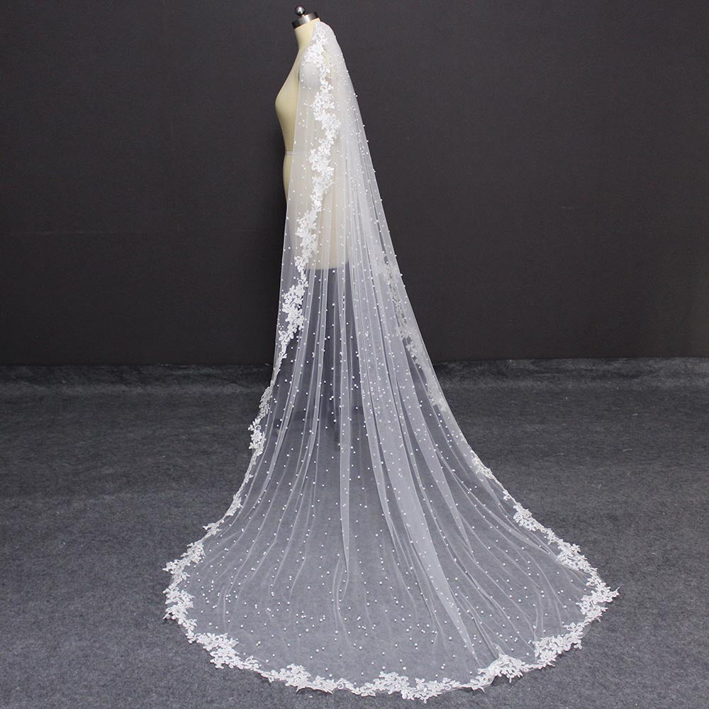 Pearls & Lace Appliques Wedding Veil with Comb