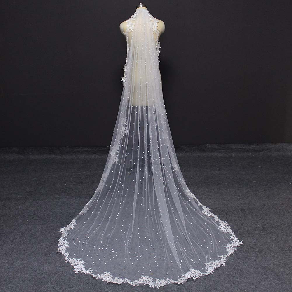 Pearls & Lace Appliques Wedding Veil with Comb