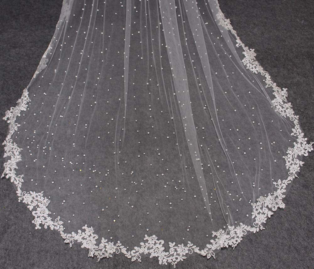 Pearls & Lace Appliques Wedding Veil with Comb