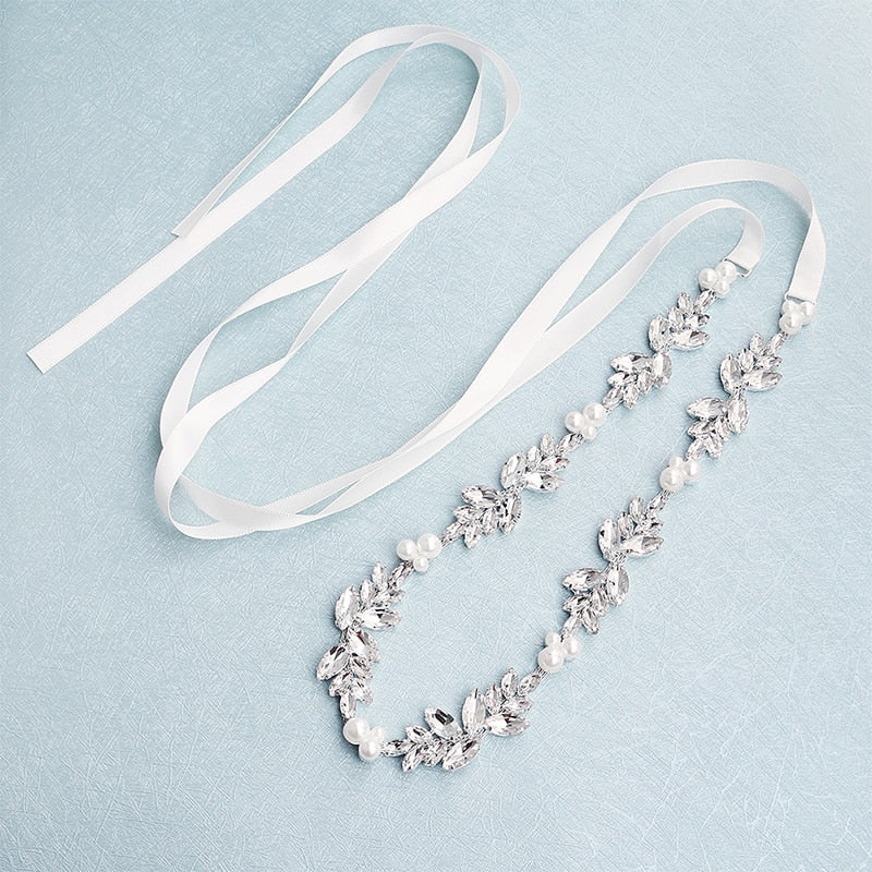 Sparkling Flower Crystal Pearl Belt Bridal Sash
