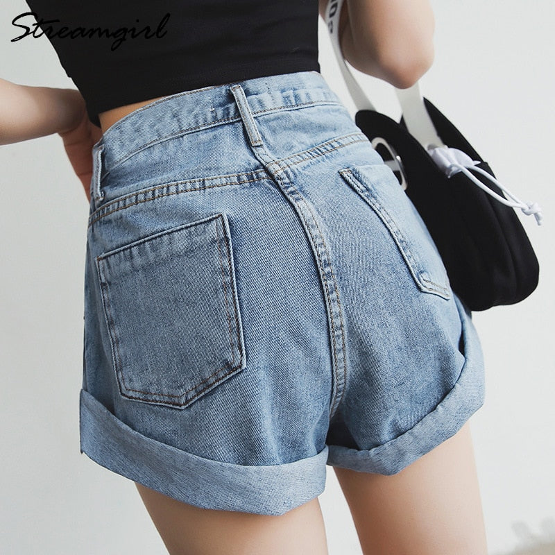 Womens Vintage Denim Shorts Jeans Wide Leg High Waist