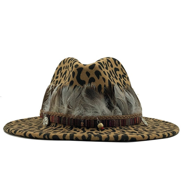 Trendy Feather Animal Print Wool Fedora Hat
