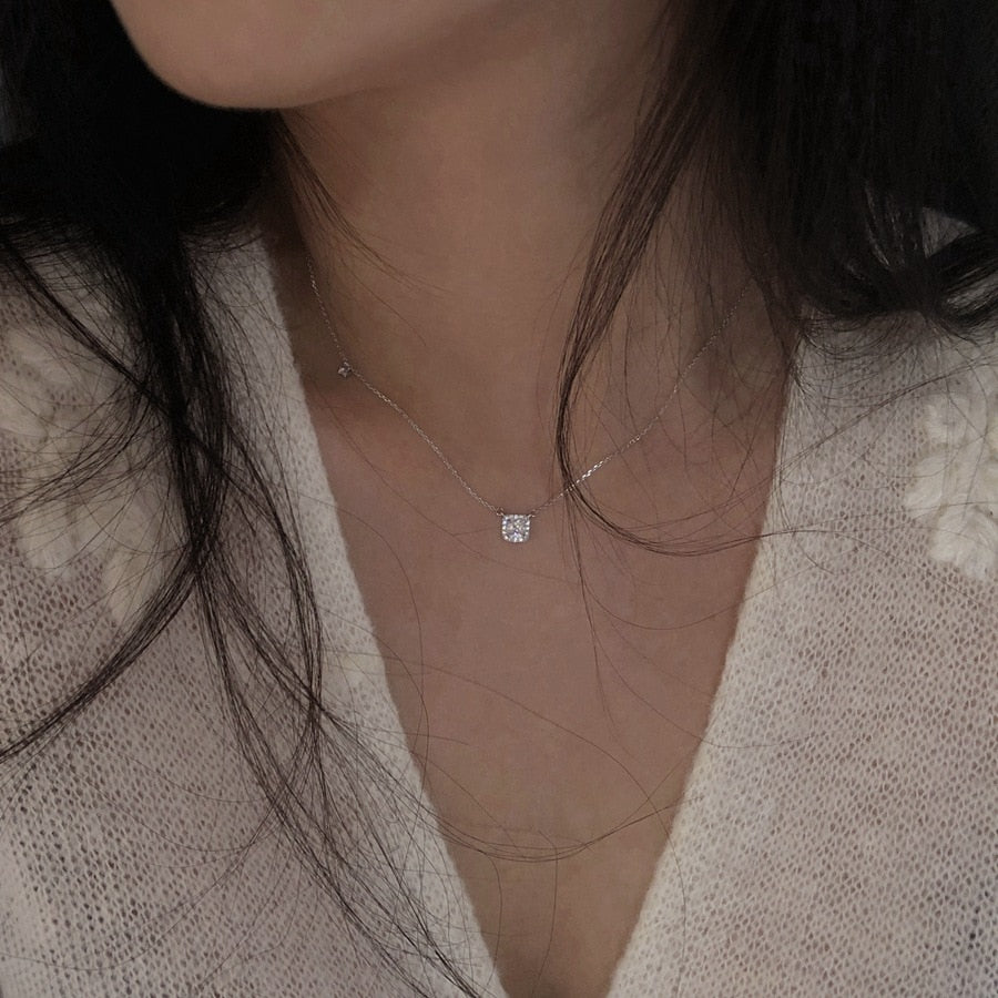 925 Sterling Silver Zircon Necklace Square Jewelry
