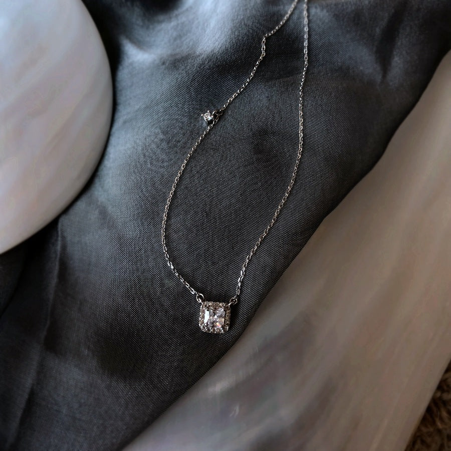 925 Sterling Silver Zircon Necklace Square Jewelry