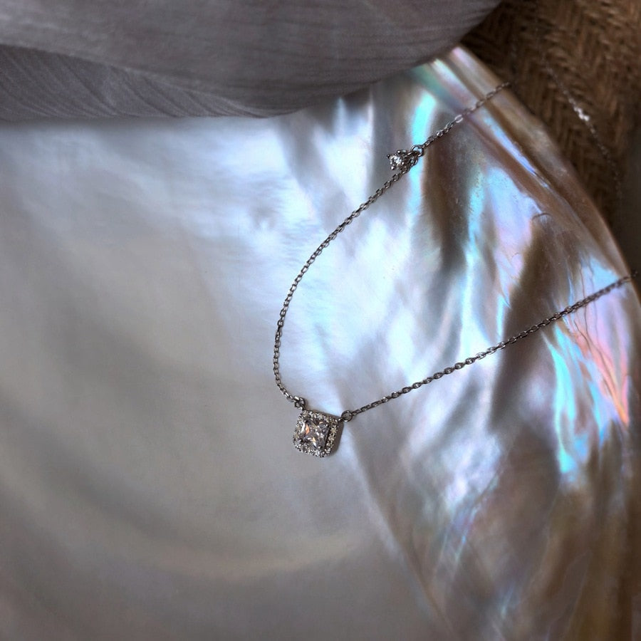 925 Sterling Silver Zircon Necklace Square Jewelry