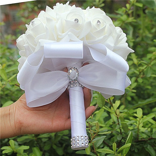 White Rose Flower Wedding Bouquet with Ribbon