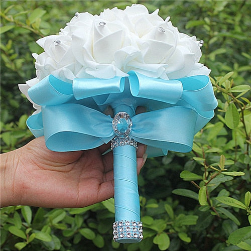 White Rose Flower Wedding Bouquet with Ribbon