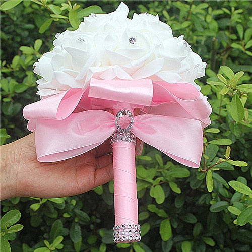 White Rose Flower Wedding Bouquet with Ribbon