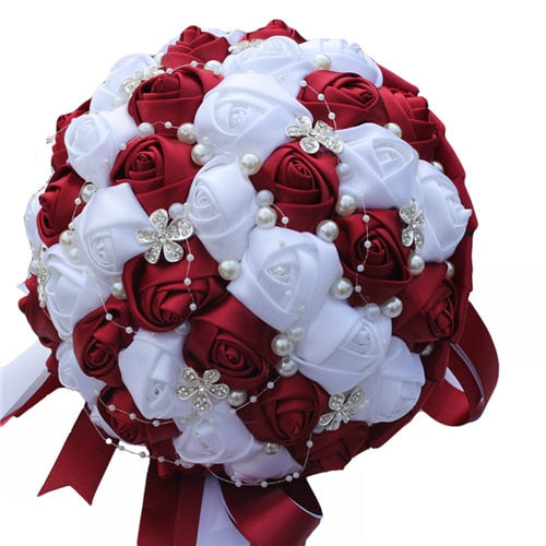 Burgundy Red White Crystal Bridal Rose Bouquet