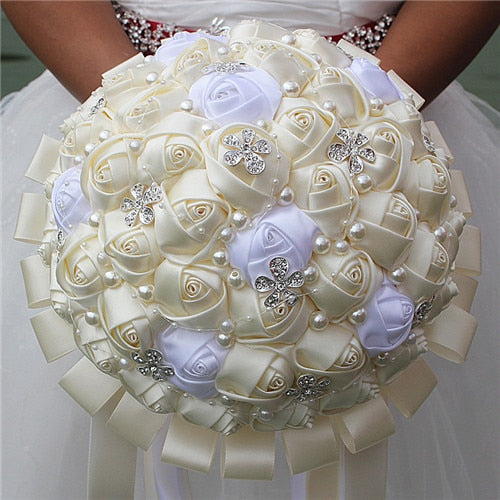 Burgundy Red White Crystal Bridal Rose Bouquet