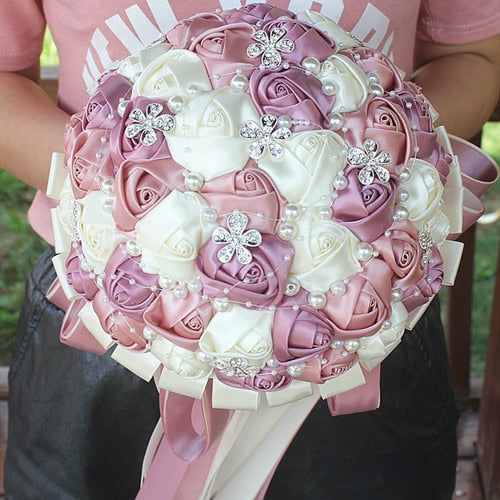 Burgundy Red White Crystal Bridal Rose Bouquet
