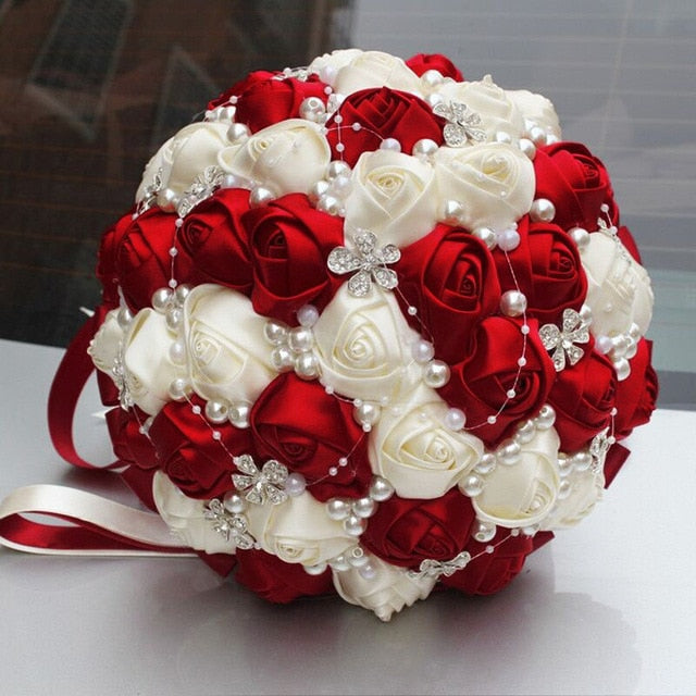 Burgundy Red White Crystal Bridal Rose Bouquet
