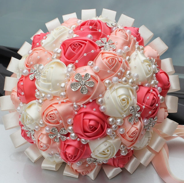 Burgundy Red White Crystal Bridal Rose Bouquet