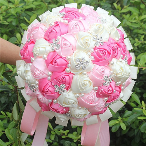 Burgundy Red White Crystal Bridal Rose Bouquet