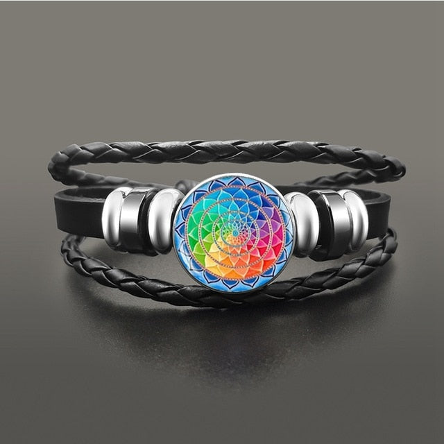 Vintage Yoga Chakra Mandala Bracelet Flower Adjustable Leather