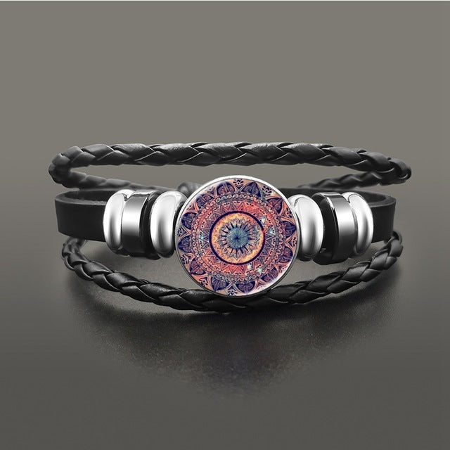 Vintage Yoga Chakra Mandala Bracelet Flower Adjustable Leather