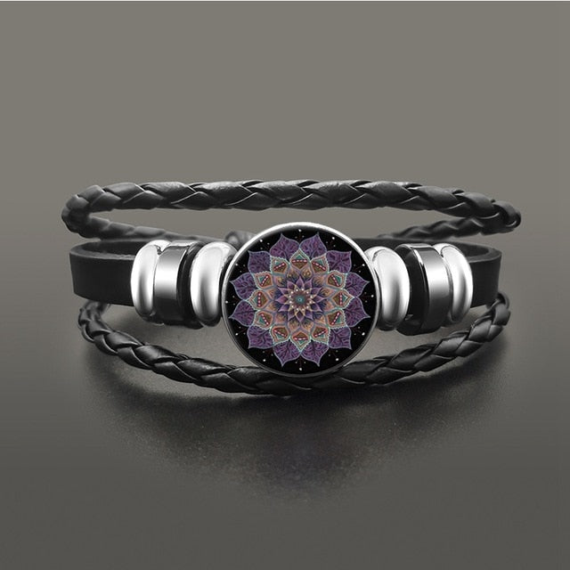 Vintage Yoga Chakra Mandala Bracelet Flower Adjustable Leather