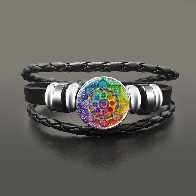 Vintage Yoga Chakra Mandala Bracelet Flower Adjustable Leather