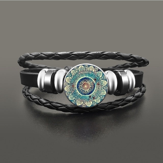 Vintage Yoga Chakra Mandala Bracelet Flower Adjustable Leather