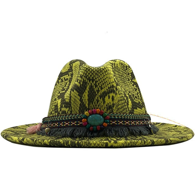 Leopard Print Soft Wool Felt Fedora Hat Flat Wide Brim