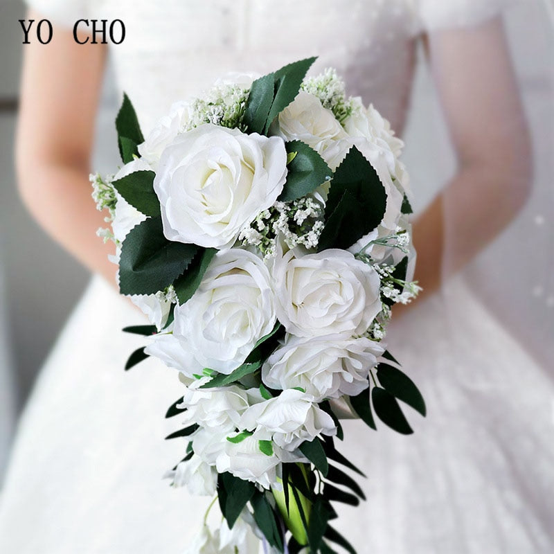 Waterfall Silk Rose Wedding Bride Bouquet