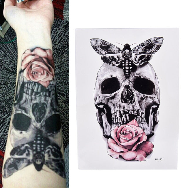 Skull Moth Rose Waterproof Temporary Tattoo